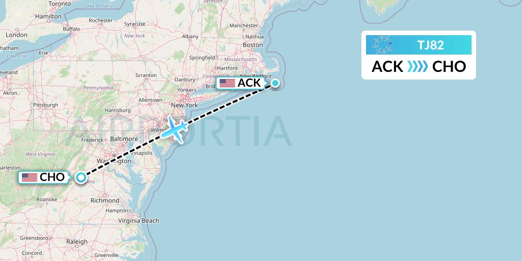 TJ82 Tradewind Aviation Flight Map: Nantucket to Charlottesville