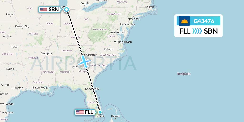 G43476 Allegiant Air Flight Map: Fort Lauderdale to South Bend