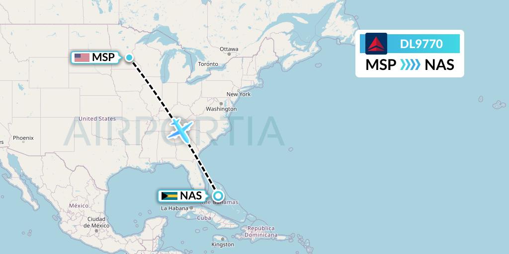 DL9770 Delta Air Lines Flight Map: Minneapolis to Nassau