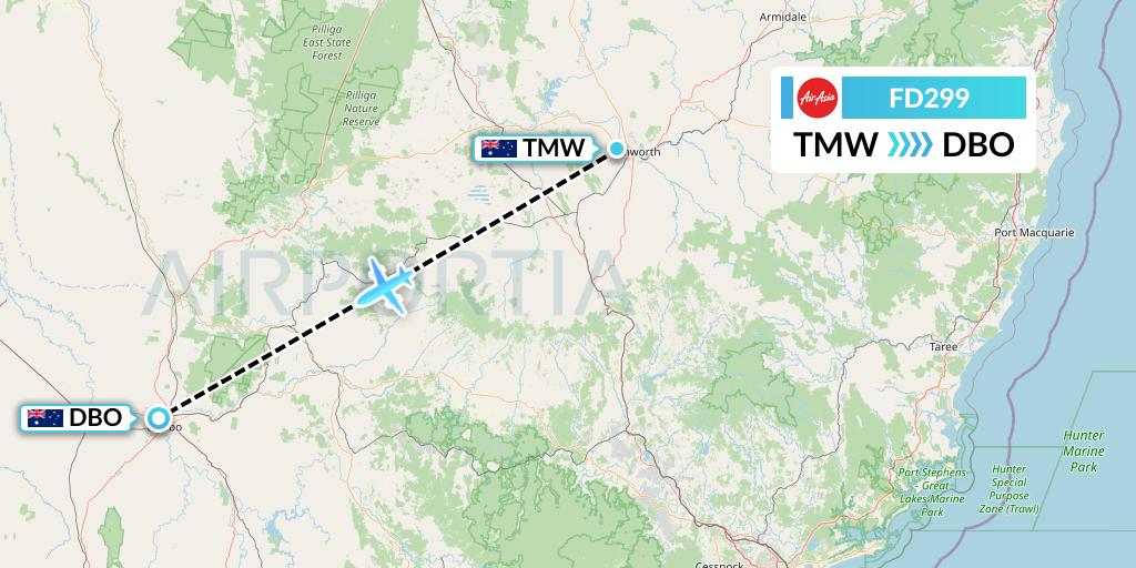 FD299 Thai AirAsia Flight Map: Tamworth to Dubbo