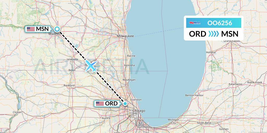 OO6256 SkyWest Airlines Flight Map: Chicago to Madison