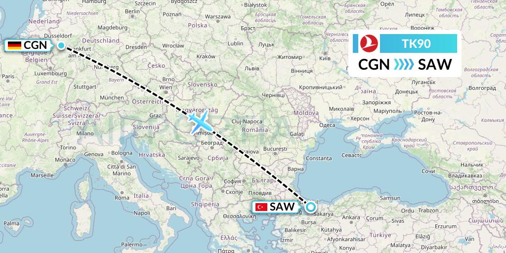 TK90 Turkish Airlines Flight Map: Cologne to Istanbul