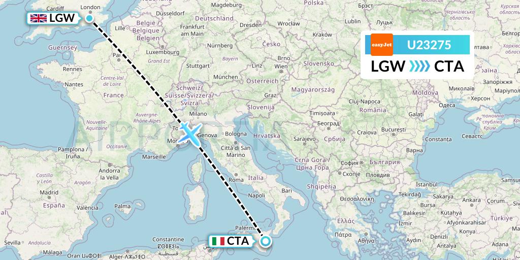 U23275 EasyJet Flight Map: London to Catania