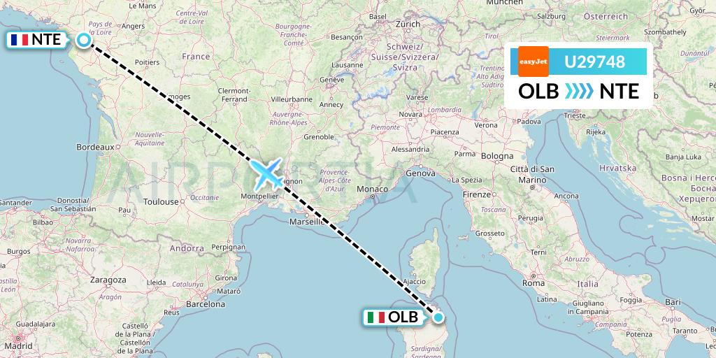 U29748 EasyJet Flight Map: Olbia to Nantes