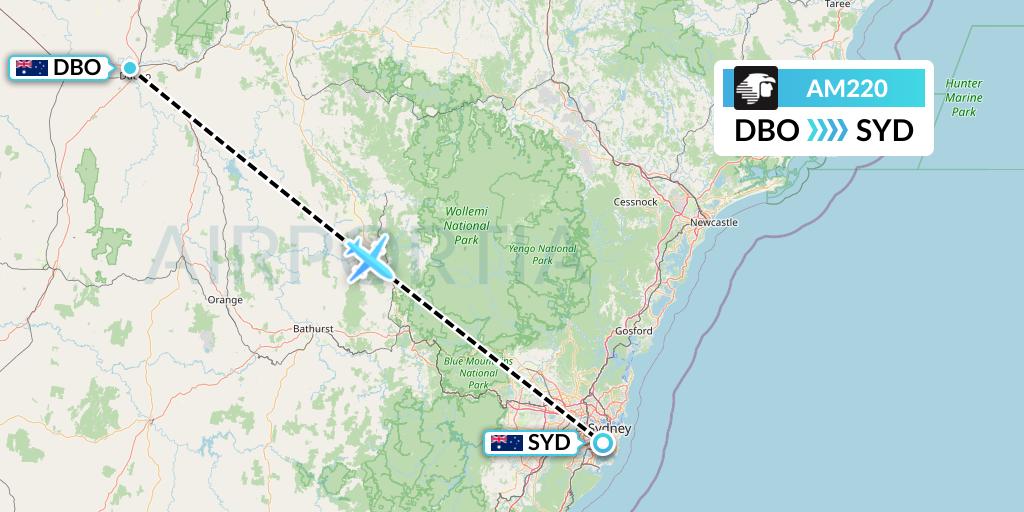 AM220 Aeromexico Flight Map: Dubbo to Sydney