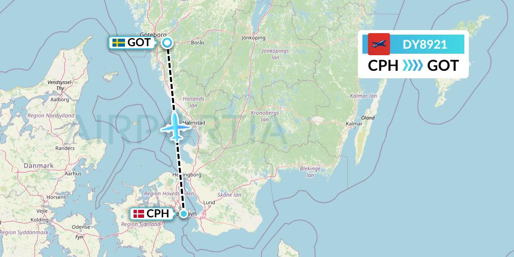 DY8921 Norwegian Flight Map: Copenhagen to Gothenburg