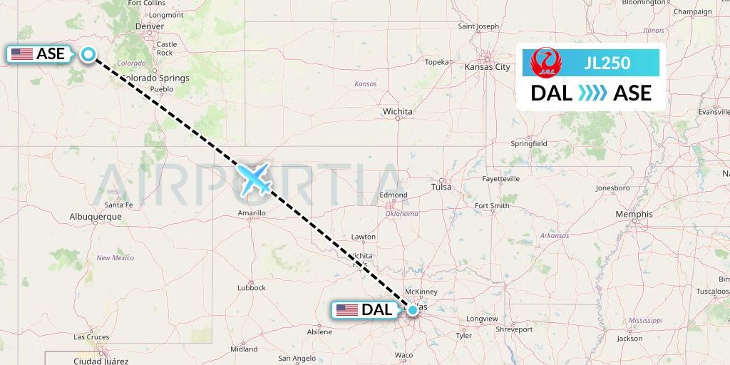 JL250 Japan Airlines Flight Map: Dallas to Aspen