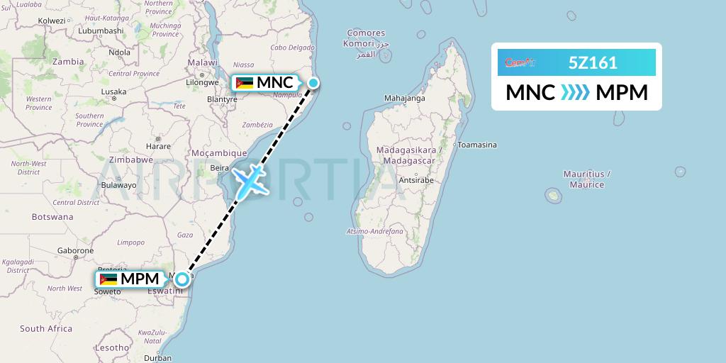 5Z161 CemAir Flight Map: Nacala to Maputo