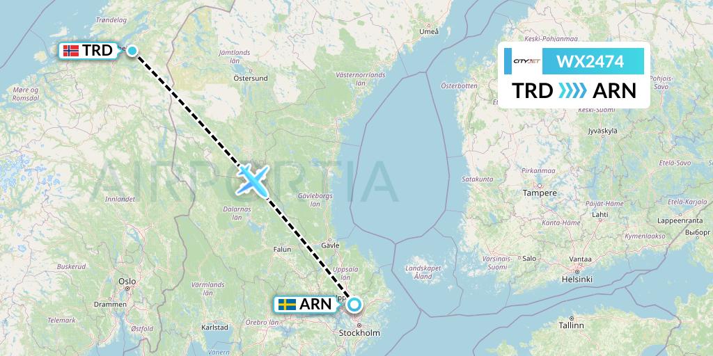 WX2474 Cityjet Flight Map: Trondheim to Stockholm
