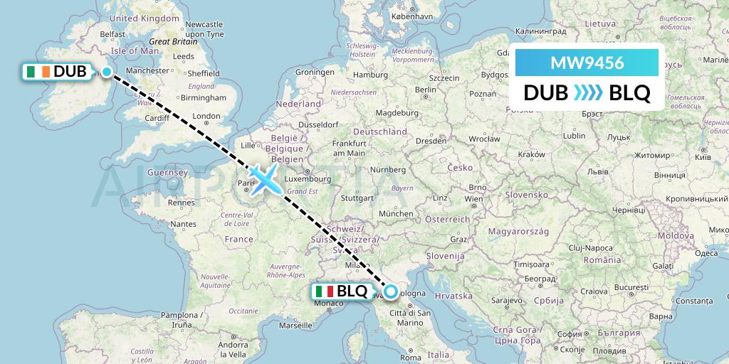 MW9456 Mokulele Flight Service Flight Map: Dublin to Bologna