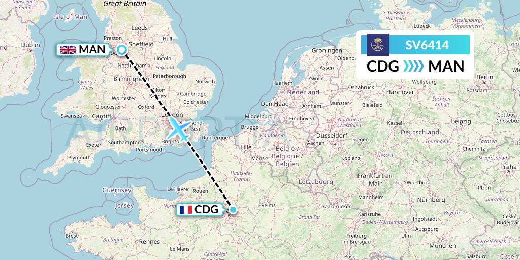 SV6414 Saudi Arabian Airlines Flight Map: Paris to Manchester