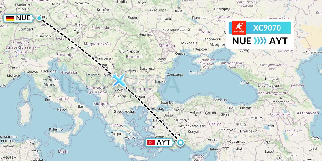 XC9070 Corendon Airlines Flight Map: Nurnberg to Antalya