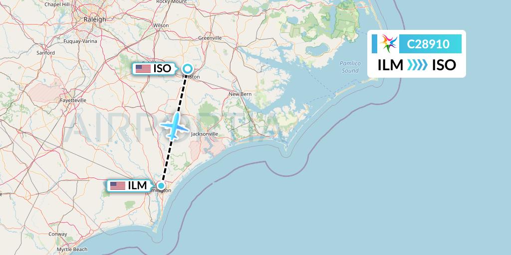 C28910 Ceiba Intercontinental Flight Map: Wilmington to Kinston