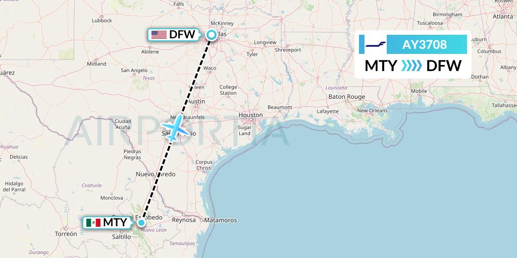 AY3708 Finnair Flight Map: Monterrey to Dallas