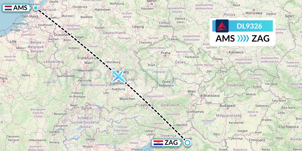 DL9326 Delta Air Lines Flight Map: Amsterdam to Zagreb