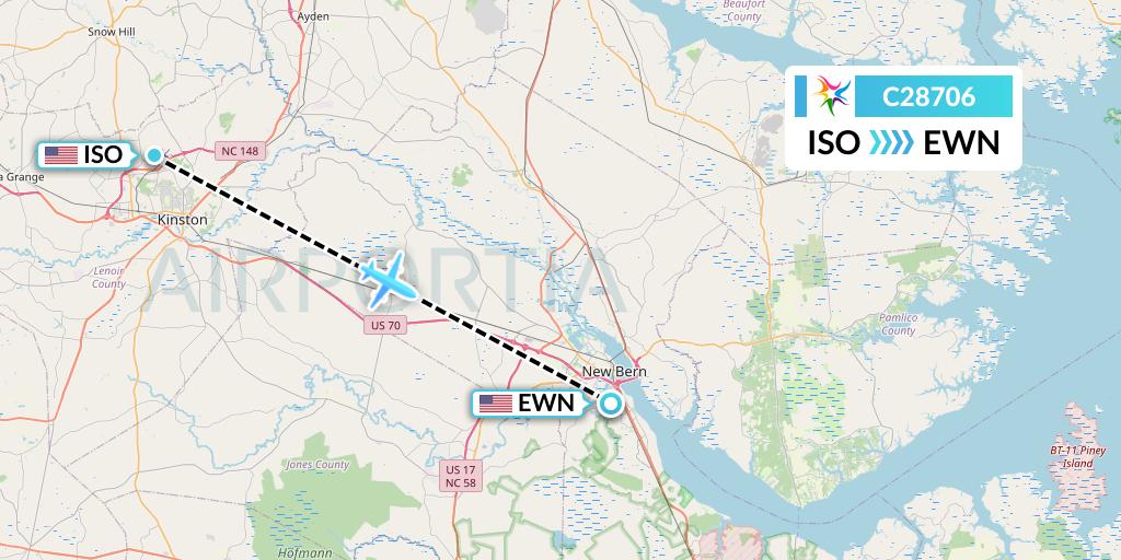 C28706 Ceiba Intercontinental Flight Map: Kinston to New Bern