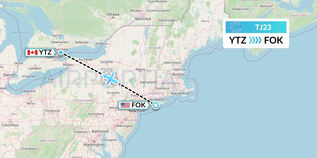 TJ23 Tradewind Aviation Flight Map: Toronto to Westhampton Beach