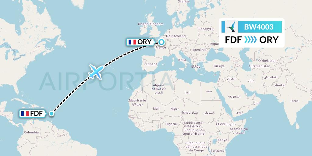 BW4003 Caribbean Airlines Flight Map: Fort-de-France to Paris