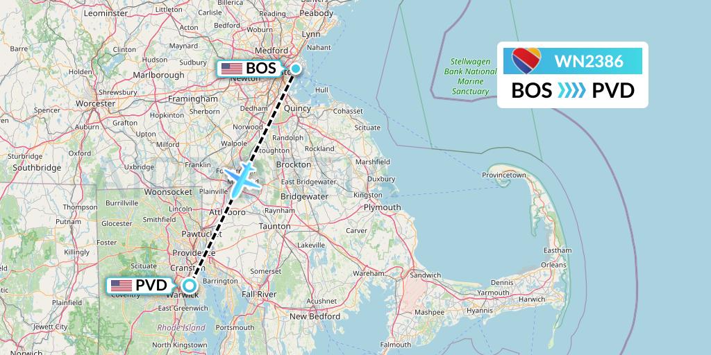 WN2386 Southwest Airlines Flight Map: Boston to Providence