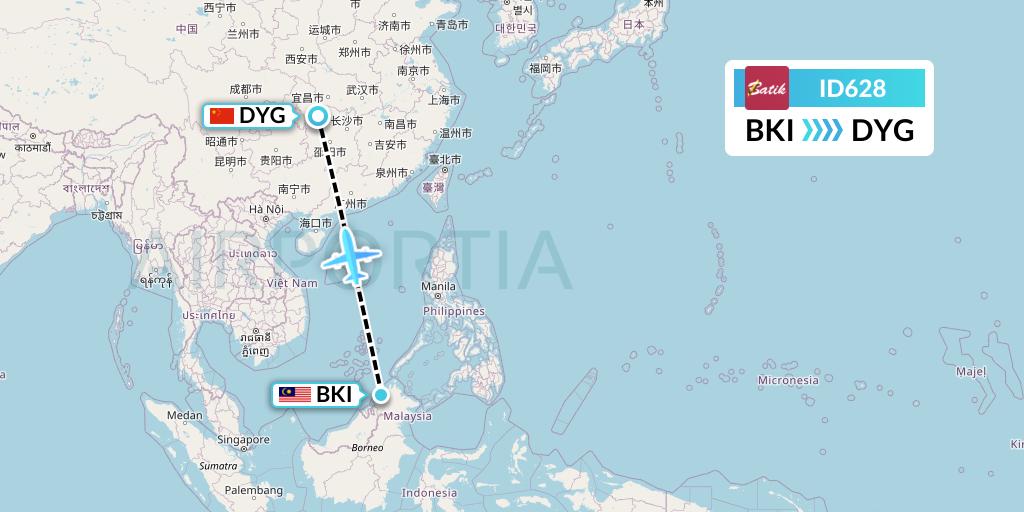 ID628 Batik Air Flight Map: Kota Kinabalu to Dayong