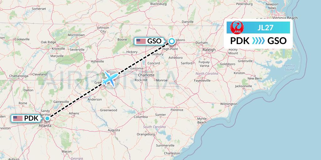JL27 Japan Airlines Flight Map: Atlanta to Greensboro