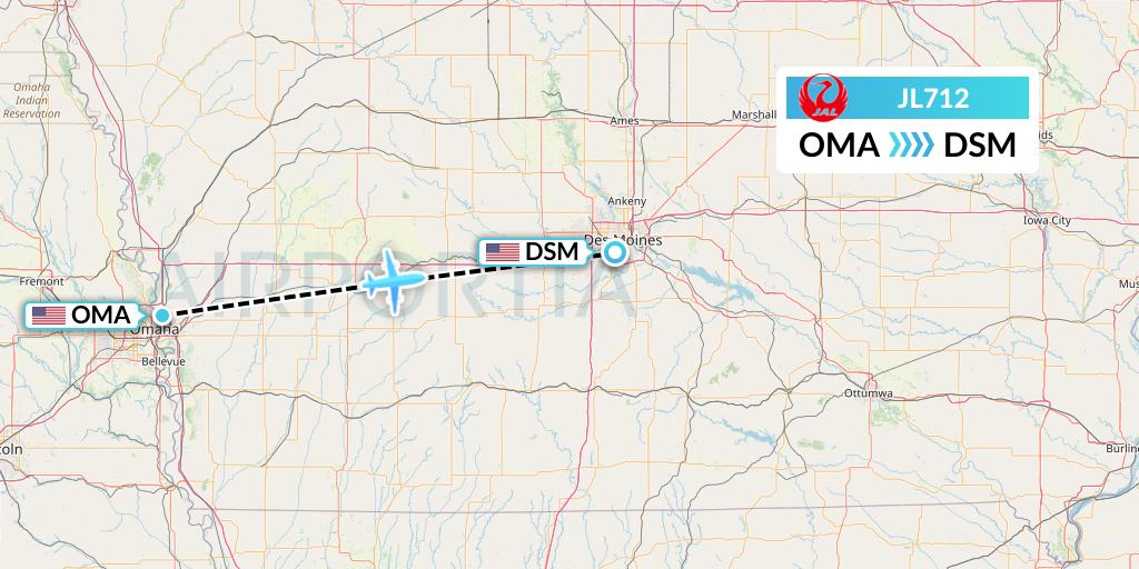 JL712 Japan Airlines Flight Map: Omaha to Des Moines
