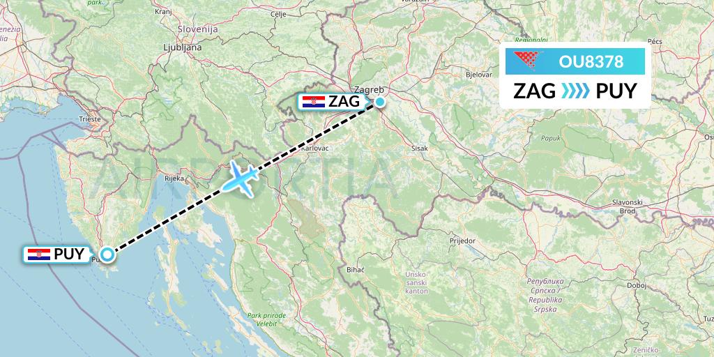 OU8378 Croatia Airlines Flight Map: Zagreb to Pula