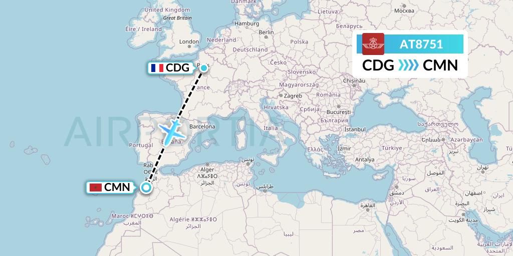 AT8751 Royal Air Maroc Flight Map: Paris to Casablanca