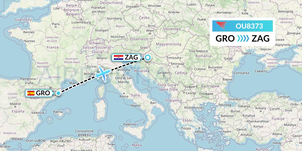 OU8373 Croatia Airlines Flight Map: Girona to Zagreb