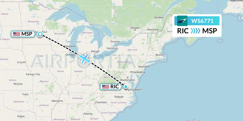 WS6771 WestJet Flight Map: Richmond to Minneapolis