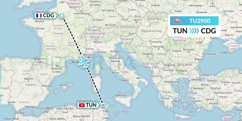 TU2900 Tunisair Flight Map: Tunis to Paris
