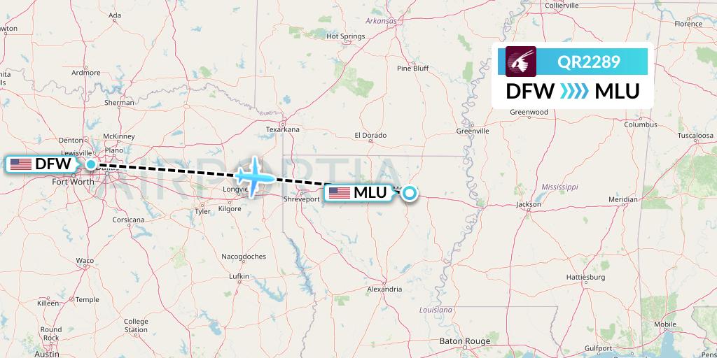 QR2289 Qatar Airways Flight Map: Dallas to Monroe