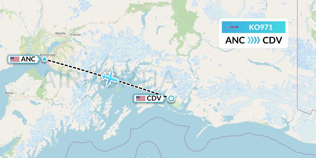 KO971 Komiaviatrans Flight Map: Anchorage to Cordova