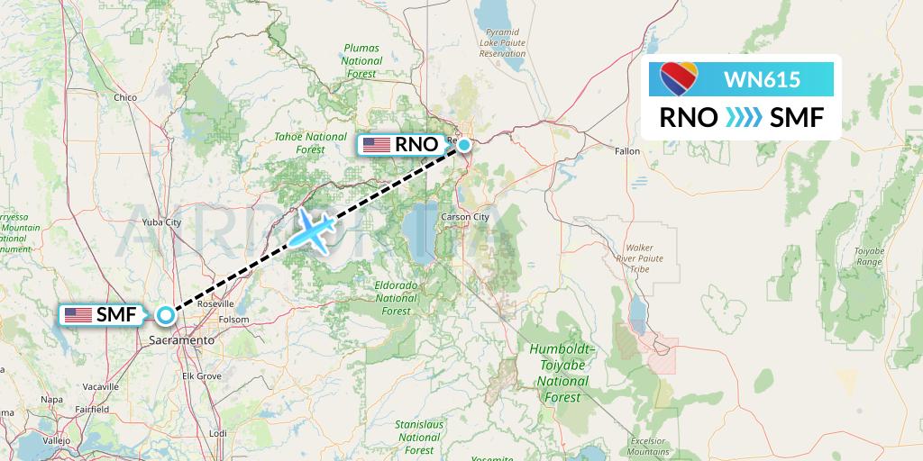 WN615 Southwest Airlines Flight Map: Reno to Sacramento