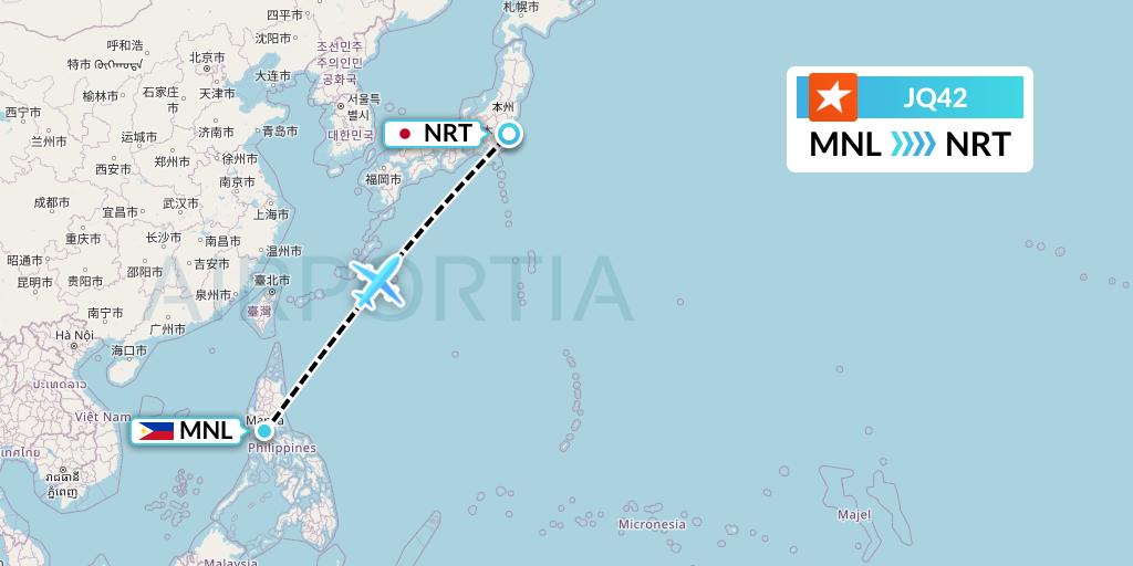 JQ42 Jetstar Airways Flight Map: Manila to Tokyo
