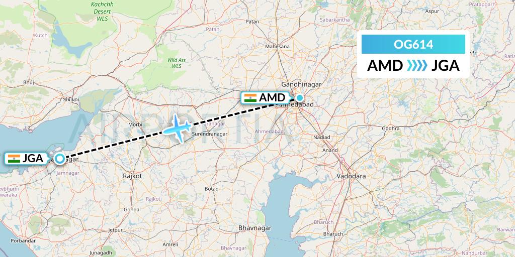 OG614 Fly Play Flight Map: Ahmedabad to Jamnagar