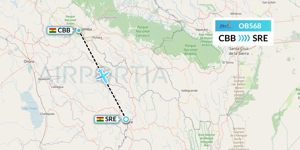 OB568 Boliviana de Aviacion Flight Map: Cochabamba to Sucre