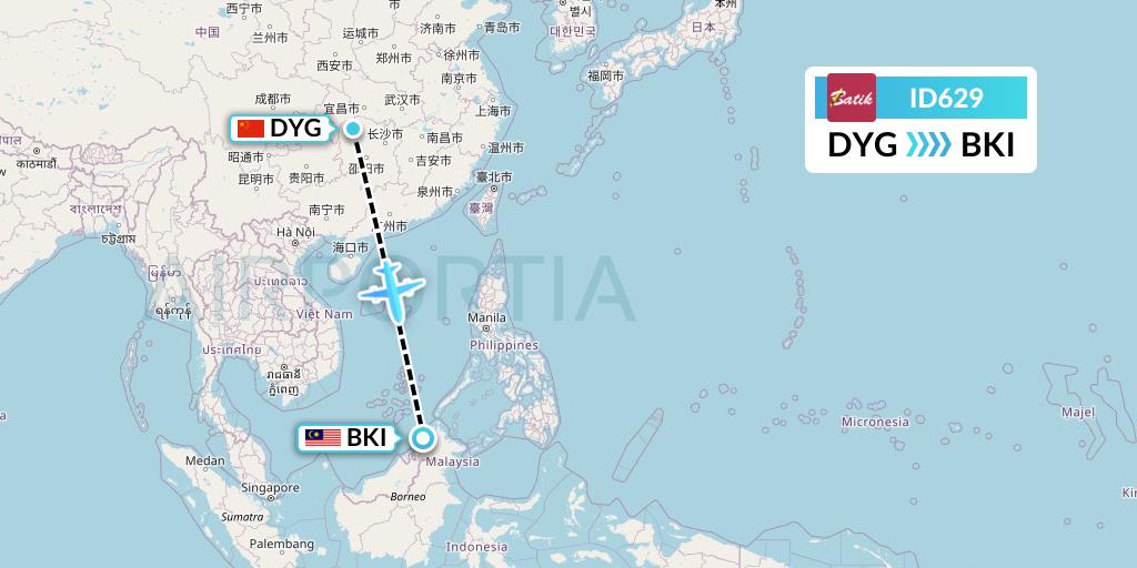 ID629 Batik Air Flight Map: Dayong to Kota Kinabalu