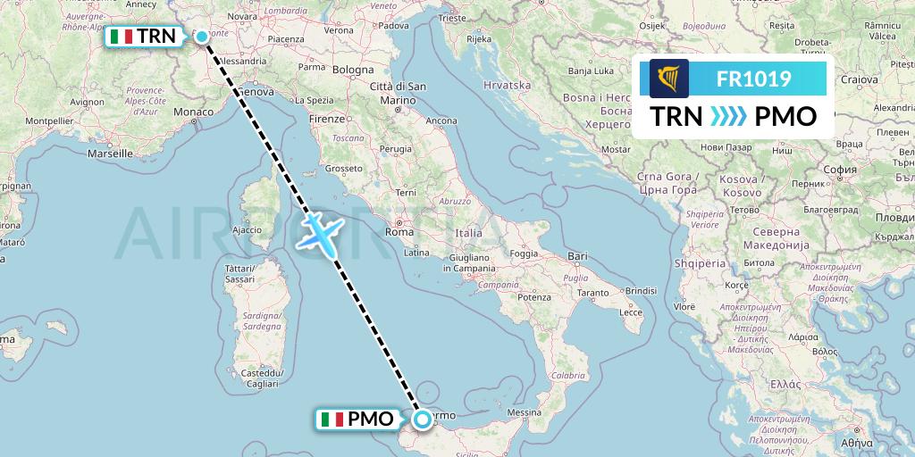 FR1019 Ryanair Flight Map: Turin to Palermo