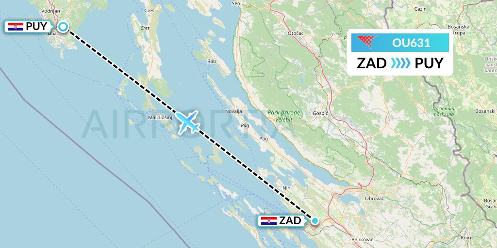 OU631 Croatia Airlines Flight Map: Zadar to Pula