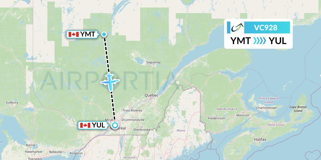 VC928 ViaAir Flight Map: Chibougamau to Montreal
