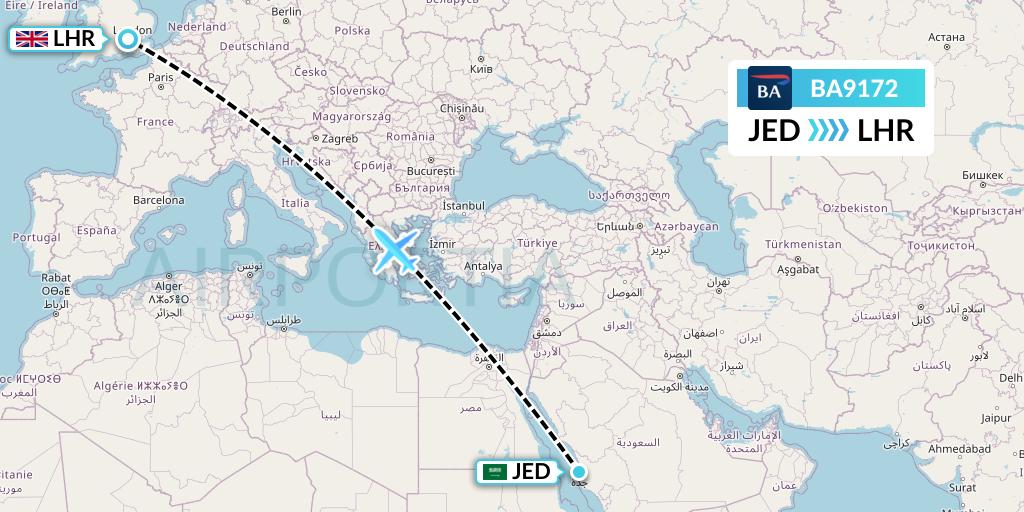 BA9172 British Airways Flight Map: Jeddah to London