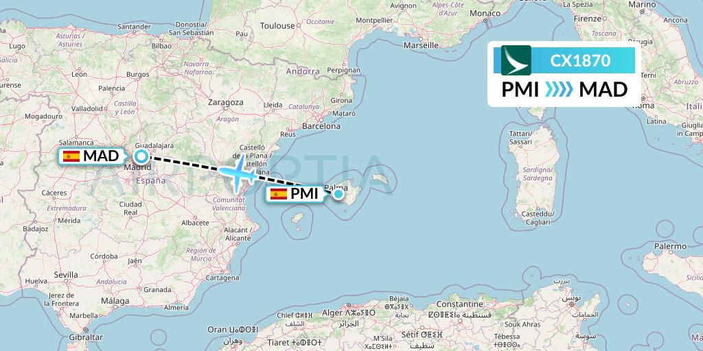 CX1870 Cathay Pacific Flight Map: Palma de Mallorca to Madrid