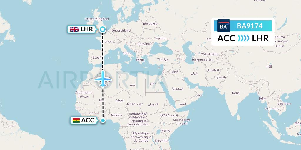 BA9174 British Airways Flight Map: Accra to London