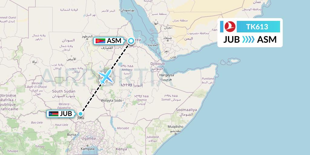 TK613 Turkish Airlines Flight Map: Juba to Asmara