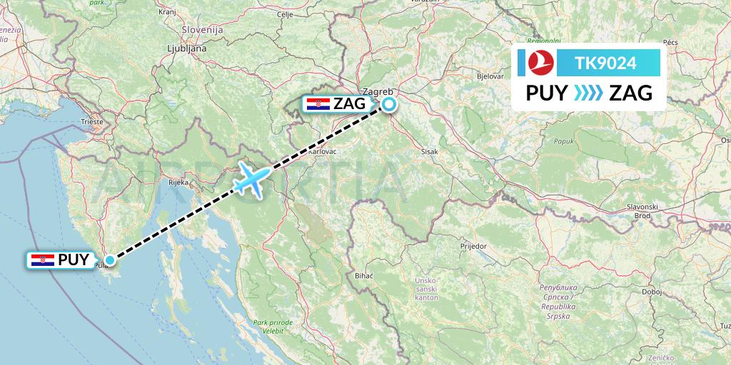 TK9024 Turkish Airlines Flight Map: Pula to Zagreb
