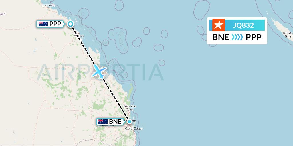 JQ832 Jetstar Airways Flight Map: Brisbane to Proserpine