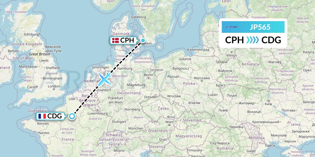 JP565 Adria Airways Flight Map: Copenhagen to Paris