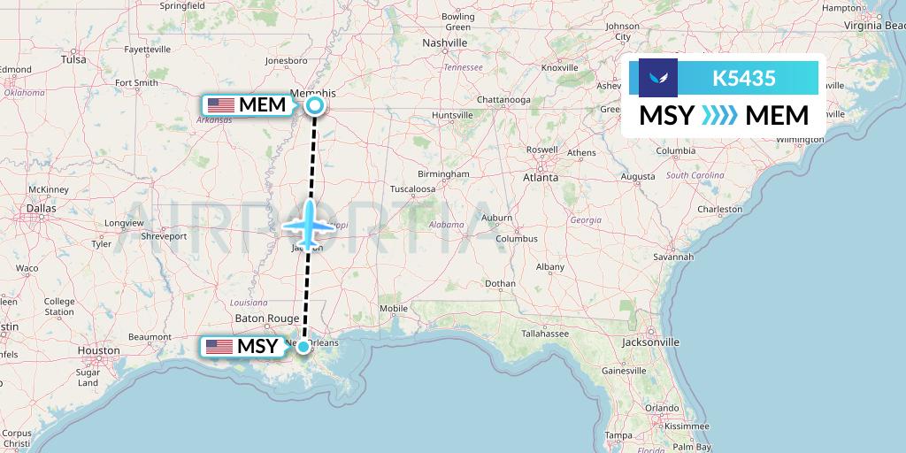 K5435 SeaPort Airlines Flight Map: New Orleans to Memphis