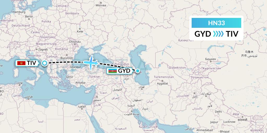 HN33 Uab Heston Airlines Jsc Heston Airl Flight Map: Baku to Tivat